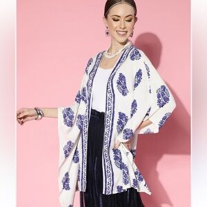 Bohemian Paisley Print Kimono Shrug Cover Up Blue and White Layering Chic OS